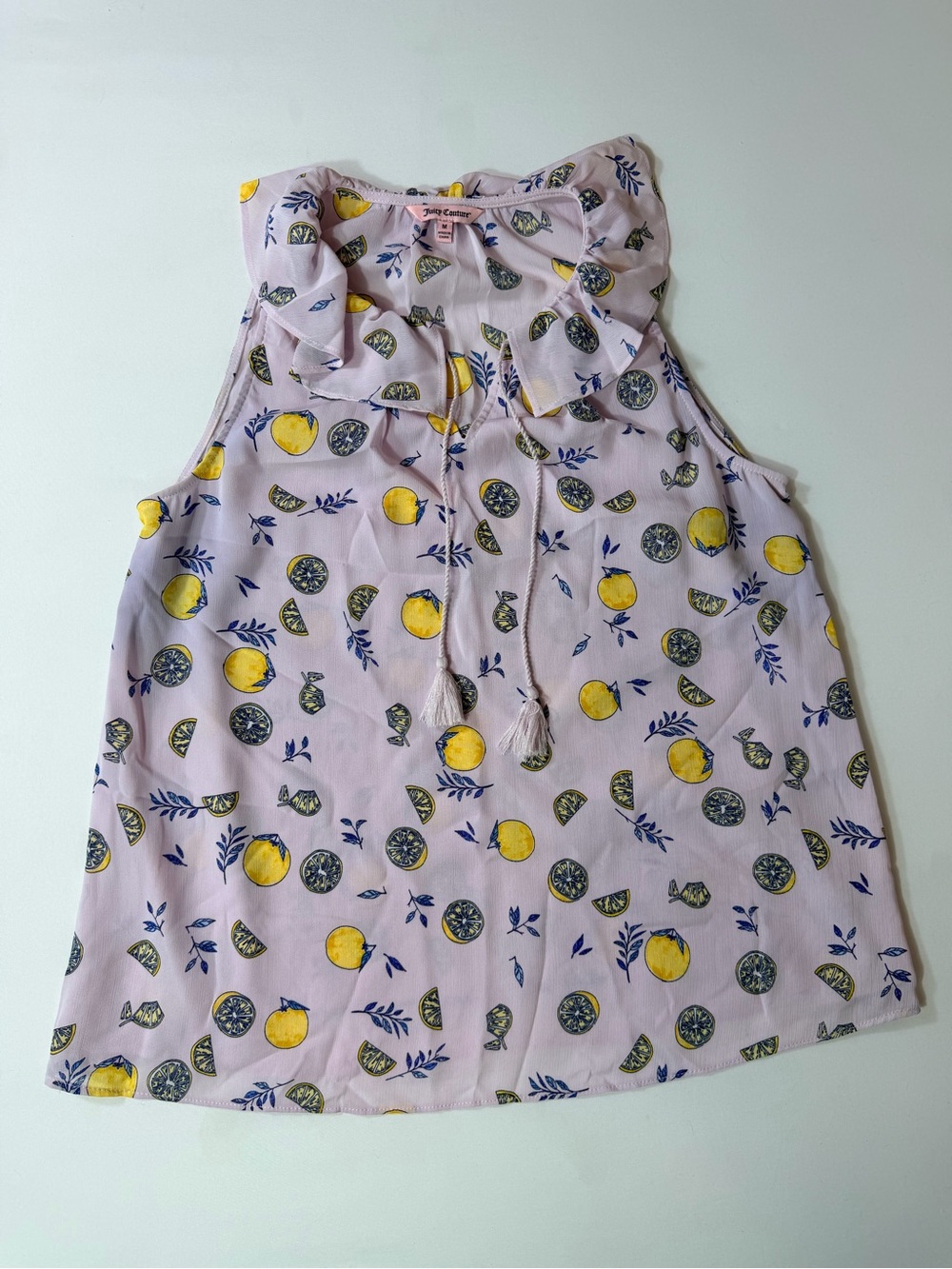 Juicy Couture Pink Lemon Print Ruffle Tie Neck Sleeveless Tank Women’s Medium